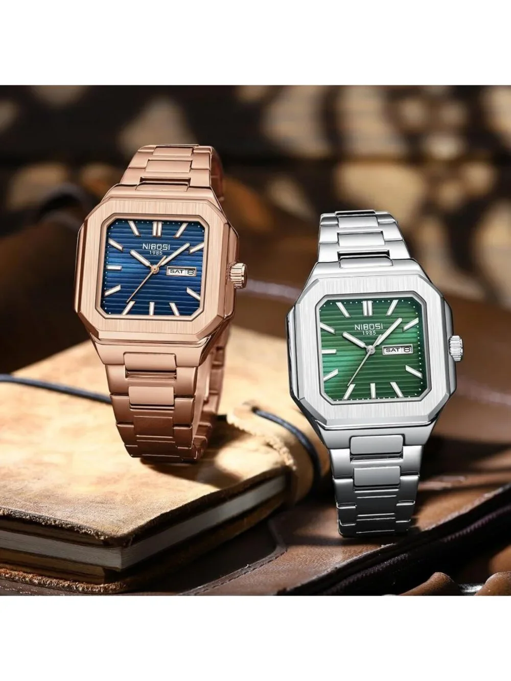 Nibosi Men's Silver Green Analog Quartz Stainless Steel Waterproof Square Watch